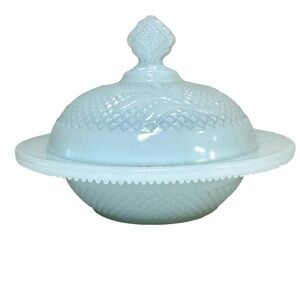 Vintage Opalescent Blue Lidded Glass Dresser Candy Biscuit Jar Diamond